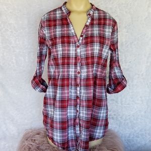 Pintucked Collarless Plaid Top